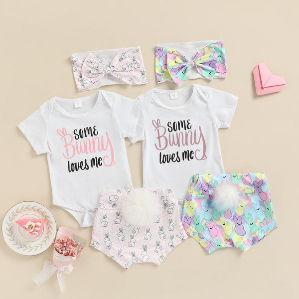 0-18M Baby Girl Set 2022 New Summer Suit Easter Alphabet Print Romper Shorts Headband Three-piece Set Wholesale Kids Clothing