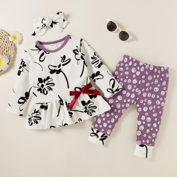 Girls Autumn Print Dress + Dot Pants Three Piece Set Wholesale Baby Clothes