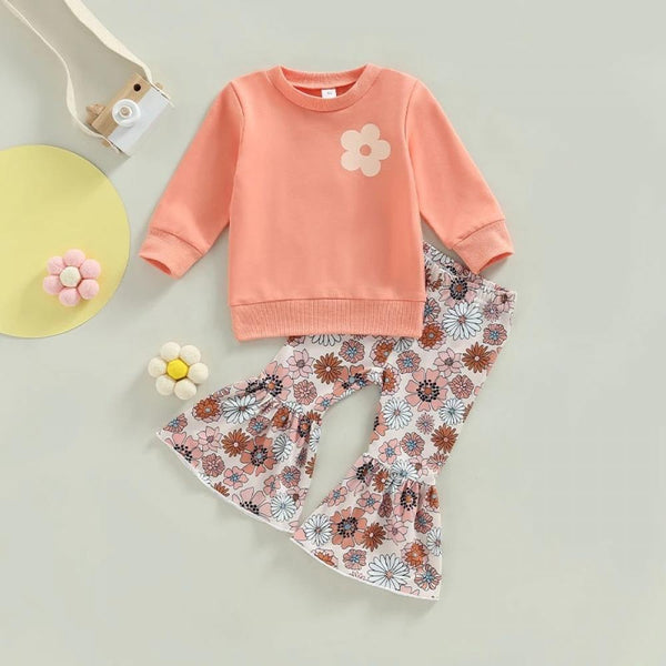 Baby Girl Valentine's Day Long-sleeve Top + Flower Flared Pants Set Wholesale Baby Clothes