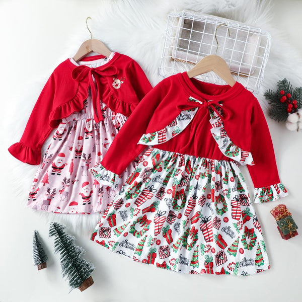 Autumn Winter Toddler Girls Lace Cardigan Christmas Print Vest Skirt Set Wholesale Girls Clothes