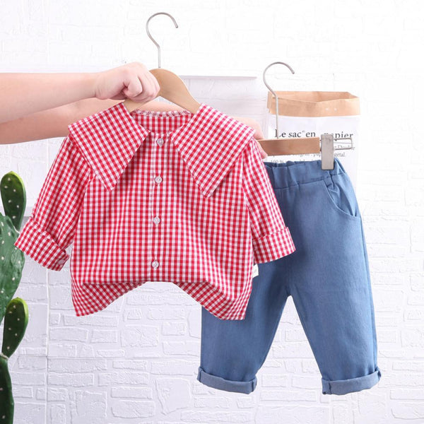 Girls Spring and Autumn Plaid Top and Denim Pants Set Wholesale Little Girl Boutique Clothing