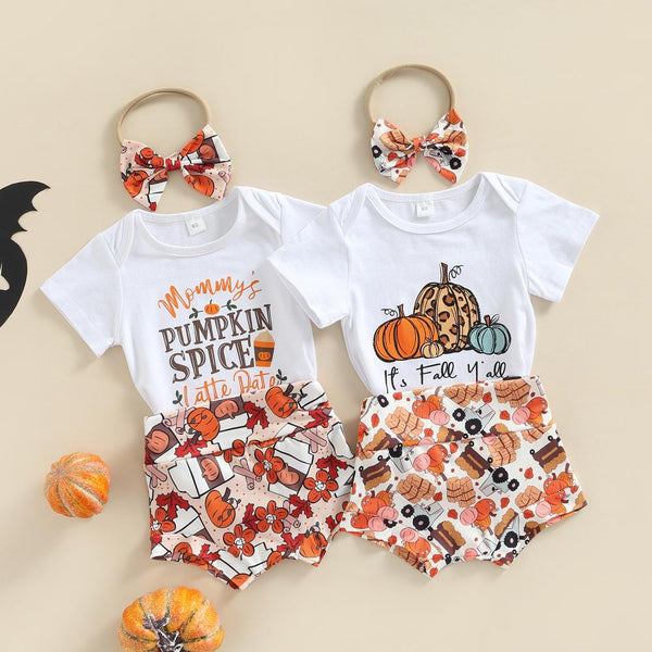 Halloween Letter Pumpkin Print Romper Shorts Set Wholesale Baby Girls Clothes