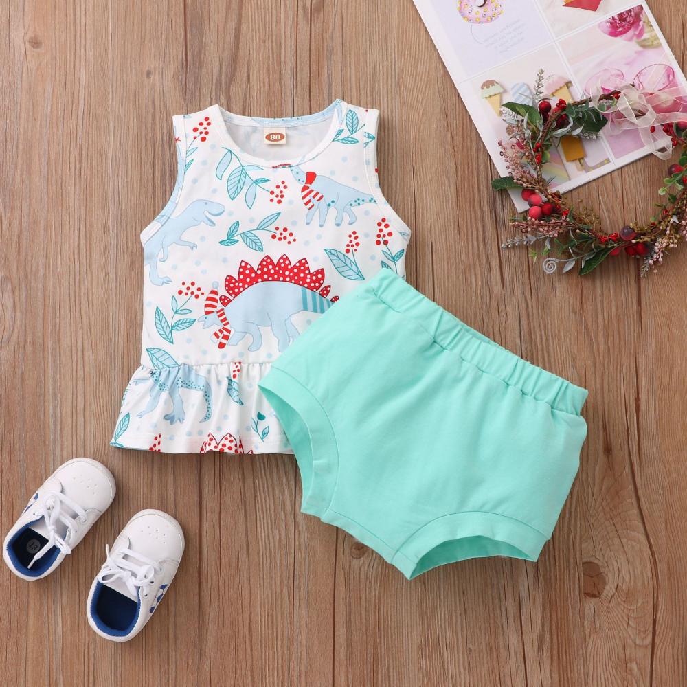 Baby Girls Summer Sleeveless Dinosaur Printed Top and Shorts Set Wholesale Clothing Baby