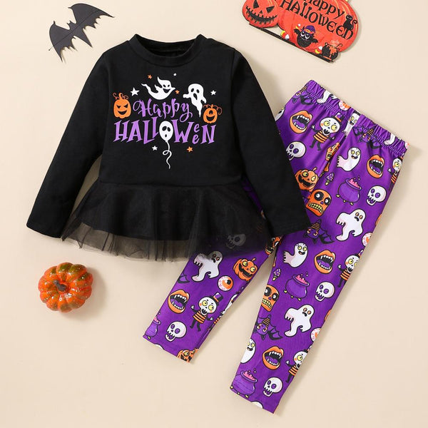 Halloween Spring and Autumn Girls Letter Print Top + Pumpkin Trousers Two-piece Set Wholesale Girls Clothes
