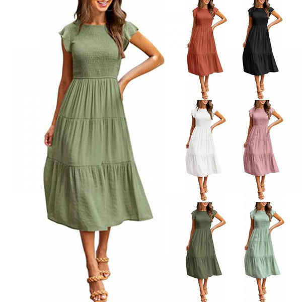 Women Summer Breathable And Comfortable Fly-sleeve Stratified Short-sleeve Swing Dress Wholesale Women Clothing
