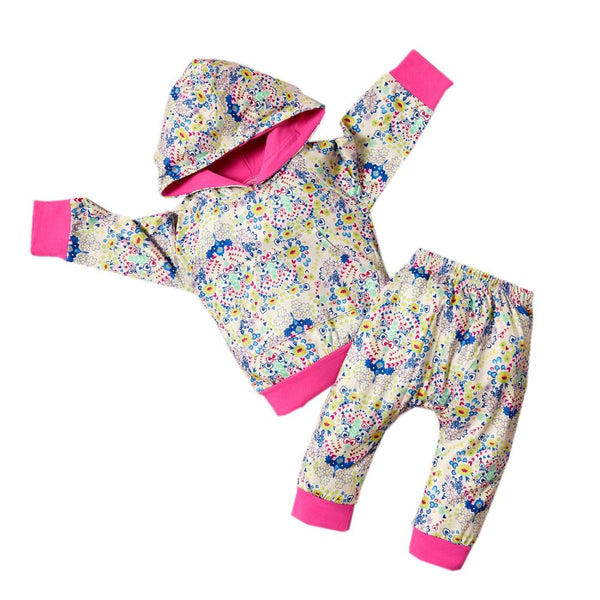 Newborn Baby Girls Floral Hoodie Top and Pants Set Wholesale Baby Clothes In Bulk
