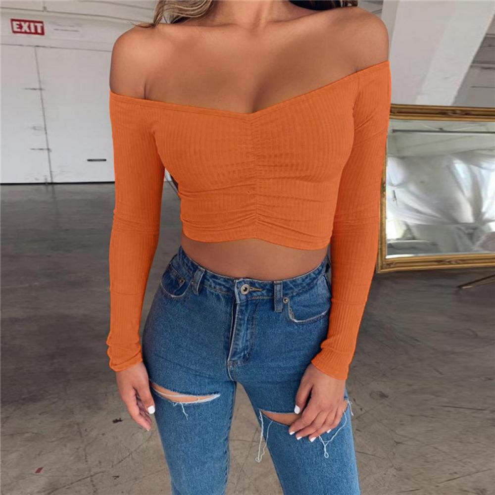 2022 New Women's Long-Sleeved One-Shoulder Slim Cropped Navel Short T-Shirt Wholesale Women Clothes