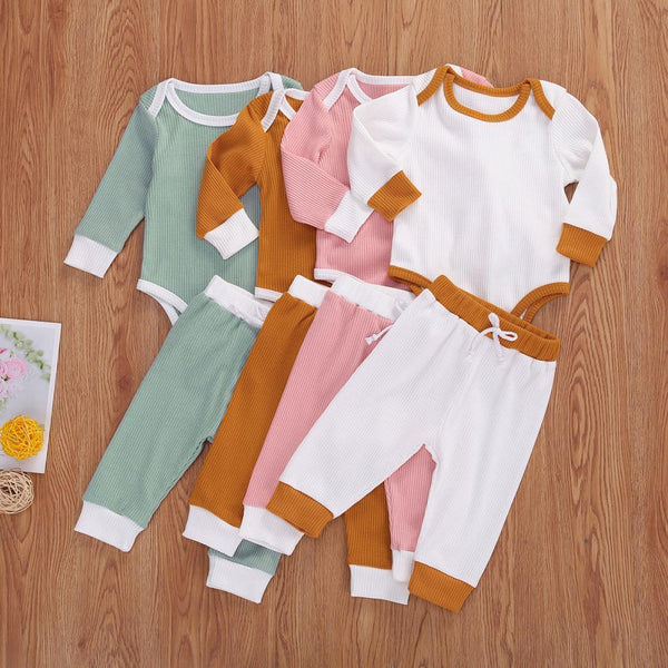 Spring And Autumn Solid Color Pit Strip Long-sleeved Romper Trousers Two-piece Set Wholesale Baby Boy And Girl Clothes