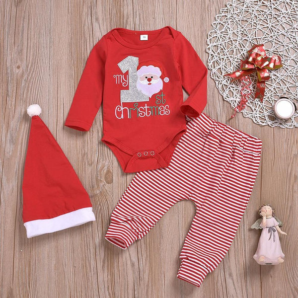 Autumn And Winter Baby Christmas Long-sleeved Romper Striped Trousers Three-piece Set Wholesale Baby Clothes
