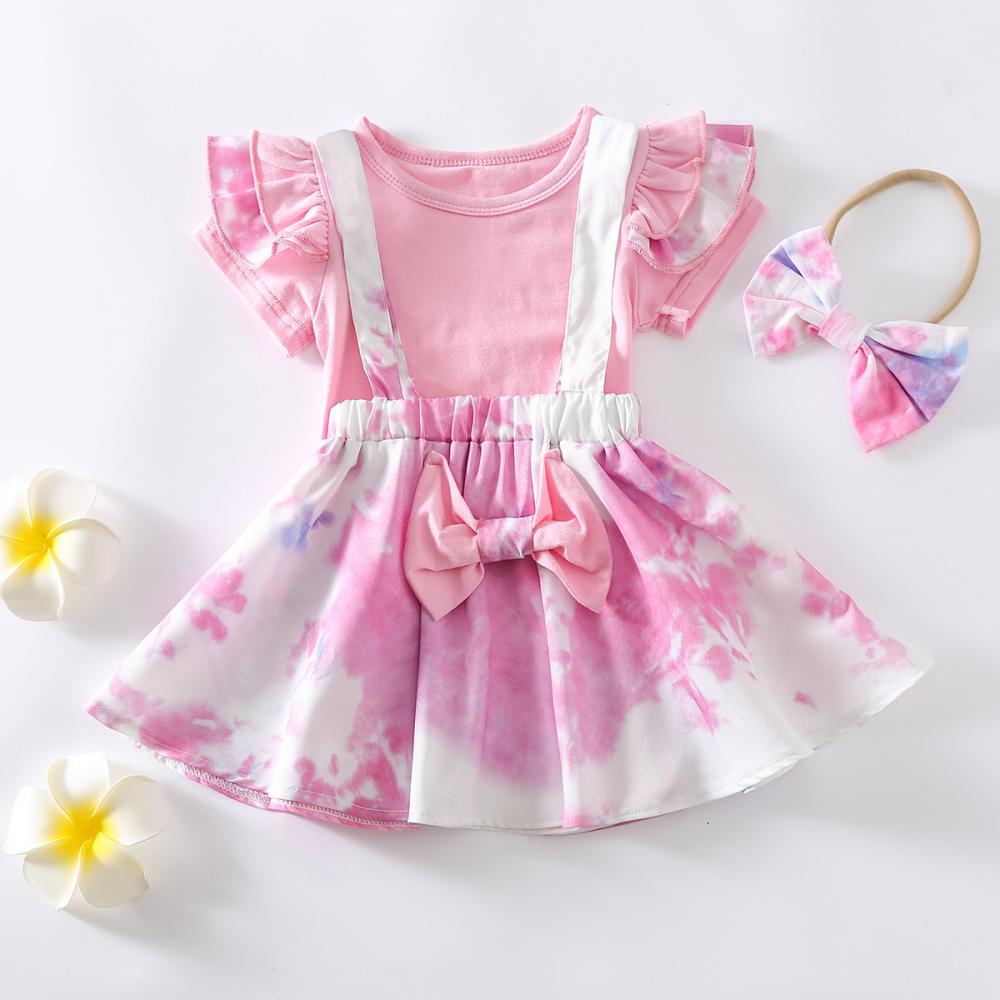 Baby N Toddler Girls Solid Pink Top And Tie Dye Bow Suspenders Skirt and Headband Set Baby Clothes Cheap Wholesale