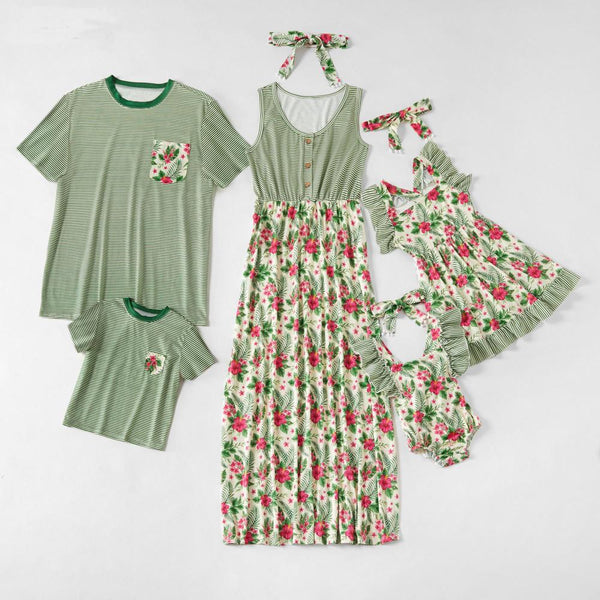 Parent-child Summer Outfits Stripe Floral T-shirt Dress Family Wholesale Mommy And Me Clothing