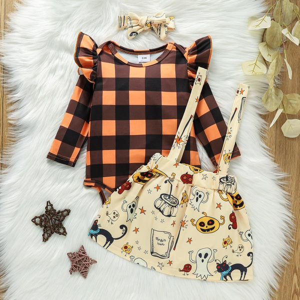 Autumn Halloween Girls Plaid Long Sleeve Romper + Pumpkin Print Skirt Set Wholesale Girl Clothing