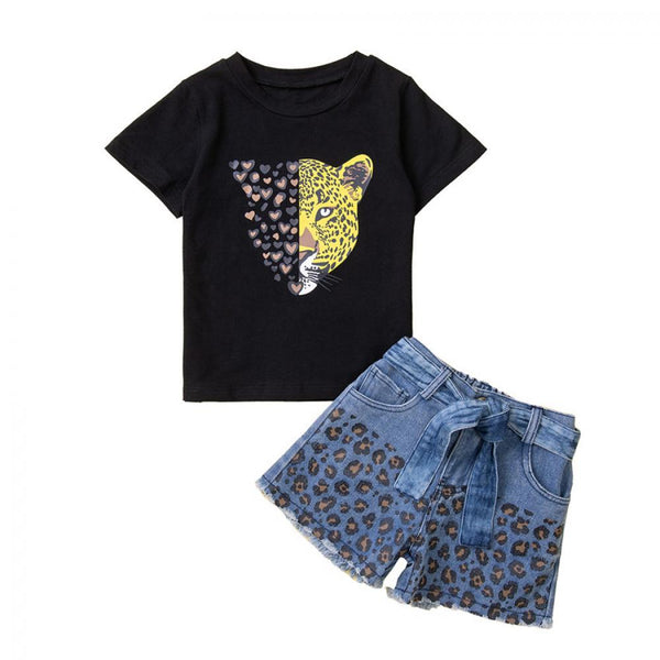 Toddler Girls Cartoon Top and Denim Shorts Set Baby Girl Boutique Clothing Wholesale