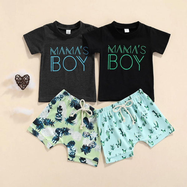 Summer Solid Color Boys Top Print Shorts Two-Piece Set Baby Boy Wholesale Clothing