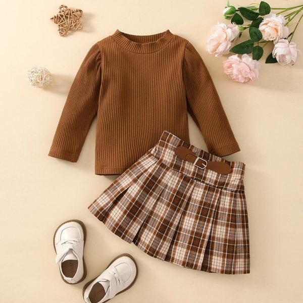 Autumn and Winter Pit Strip Long-sleeved Plaid Skirt Two-piece Set Wholesale Girls Clothes