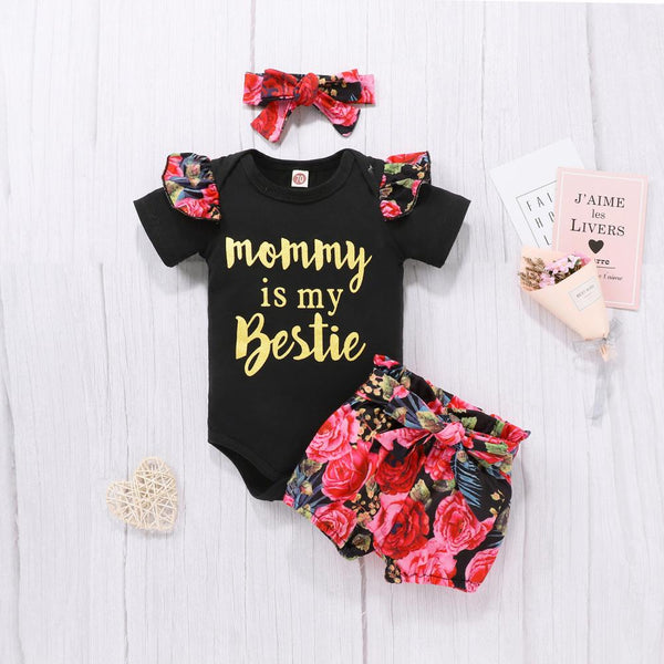 New Mother's Day Infant and Toddler Suit Top Flying Sleeve Letter Print Romper Belt Small Shorts Headdress Wholesale Kids Clothes