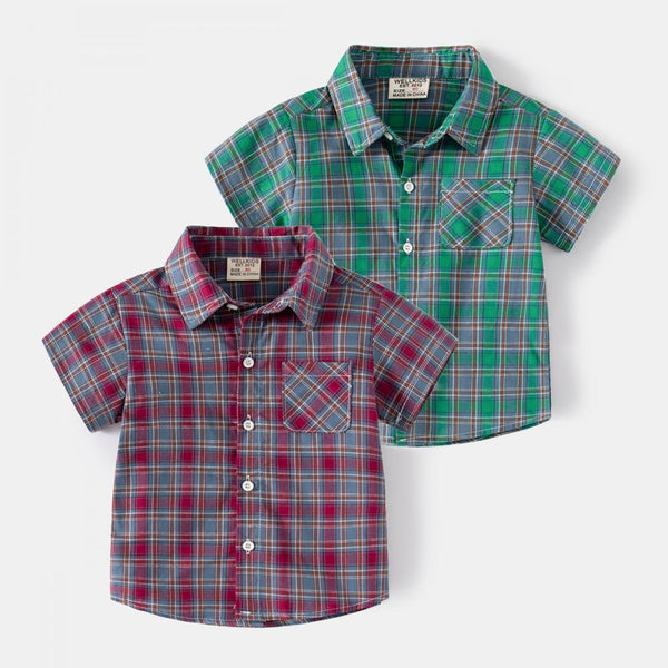 Summer Boys Plaid Short Sleeve Clothes Lapel Shirt Wholesale Boys Clothes