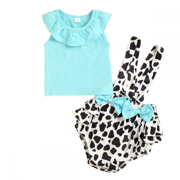 Newborn Baby Girls Short Set Lake Blue Top + Bow Strap Cow Printed PP Pants Buy Baby Clothes Wholesale