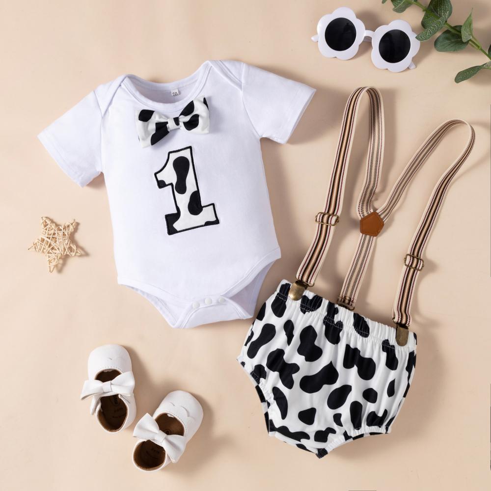 Baby Boys Short Set Summer Gentle Birthday Romper And Cow Printed Shorts Set Wholesale baby clothes