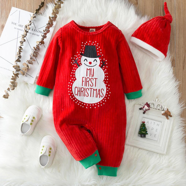 Autumn Winter Christmas Print Romper With Hat Wholesale Baby Clothes