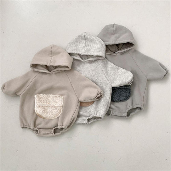 Boys And Girls Winter Jumpsuit Cute Plush Big Pocket Hooded Fleece Romper Wholesale Baby Clothes