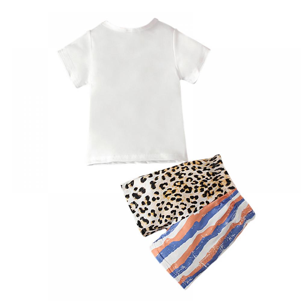 Toddler Boys and Girls Unisex Short Set Independence Day Printed T-shirt + Leopard Patterned Shorts Wholesale Clothing For Children