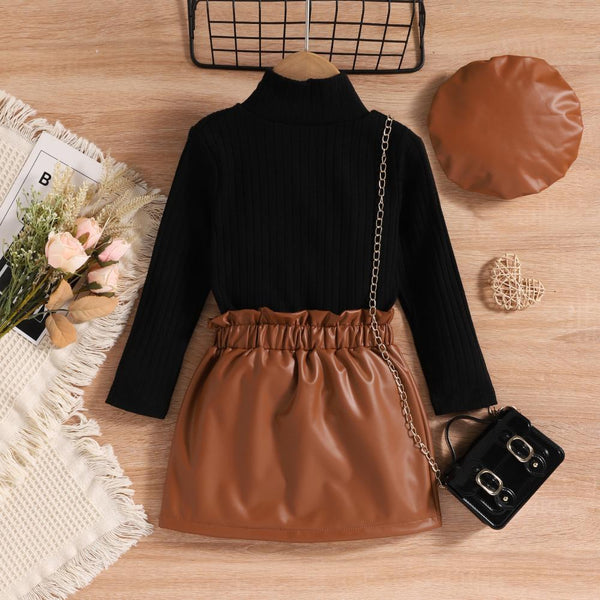 Autumn and Winter Girls' High-neck Long-sleeved Bottoming + Leather Skirt + Hat Three-piece Suit Wholesale Girls Clothes