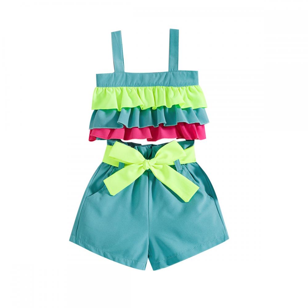 Toddler Girls Suspenders Flounce Shorts Two-piece Set trendy kids wholesale clothing