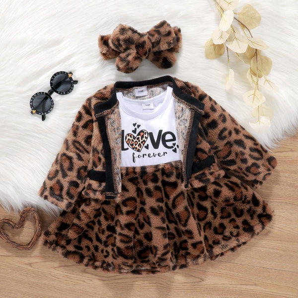 Autumn and Winter Baby Girl Letter Stitching Leopard Print Dress Coat Three-piece Set Wholesale Girls Clothes