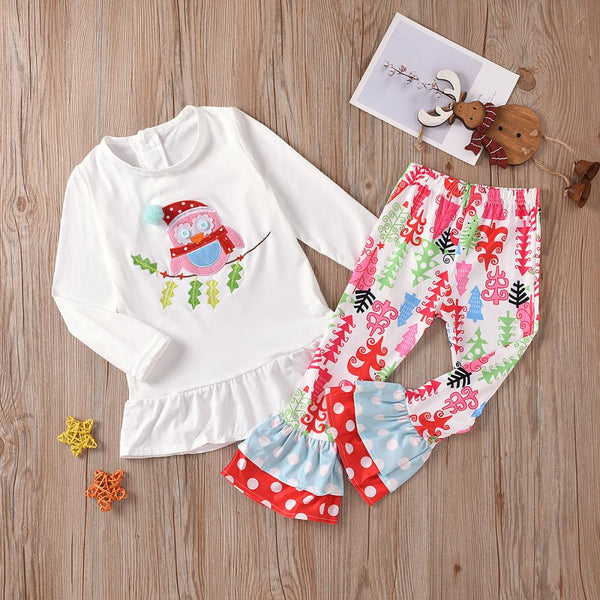 Autumn/Winter Christmas Owl Embroidered Christmas Tree Dot Flared Pants Two-Piece Girls Suit Wholesale