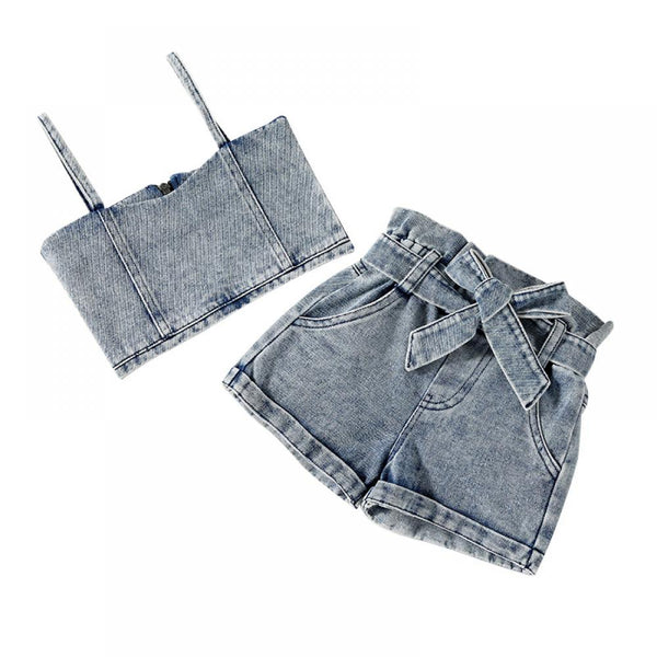 Toddler Girl Sets Summer Hot DenimZipper Suspender Top + Denim ShortsSuit With Belt Toddler Girl Wholesale Clothing