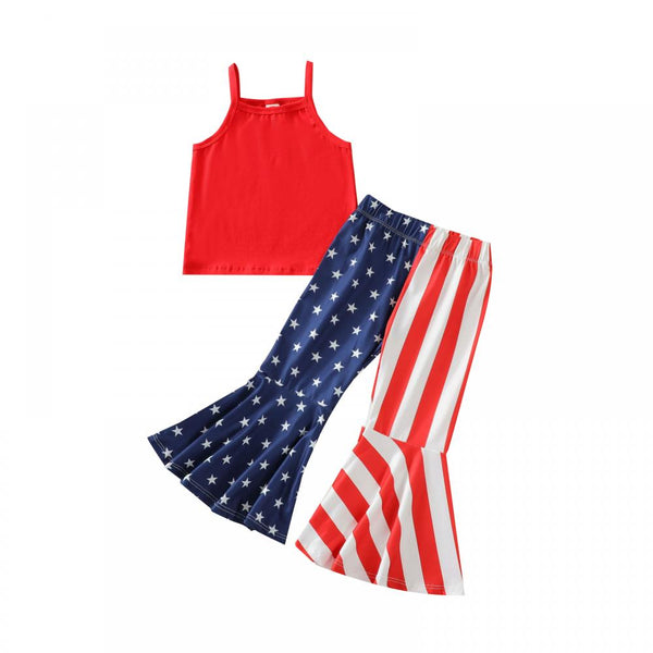 Toddler Girl Summer Sets Independence Day Solid Color Sleeveless Vest And Flared Pants Set Wholesale Clothing For Girls