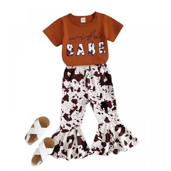 Presell Toddler Girls Letter Printed Top and Bell Bottoms Pants Set Girl Boutique Clothing Wholesale