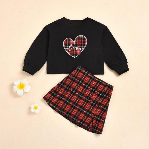 Autumn Little Girls Heart Pullover + Plaid Skirt Set Wholesale Girls Clothes