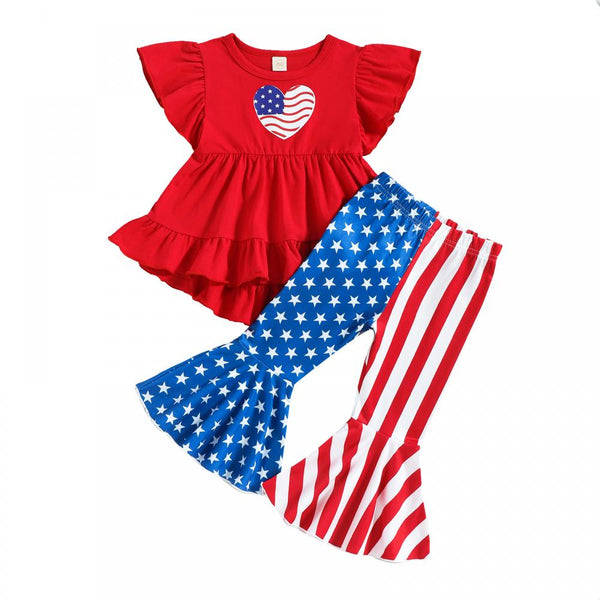 Girls Independence Day Fly-sleeve Love Star Stripe Bell-bottom Pants Two-piece Set Baby Girl Wholesale