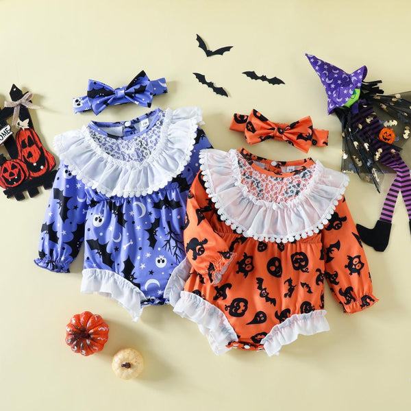 Halloween Baby Girl Autumn Cartoon Print Romper + Hairband Wholesale Girls Clothes