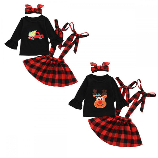Autumn Christmas Toddler Girl Flared Sleeve Plaid Suspender Skirt Hairband three-piece Suit Wholesale Girl Clothing