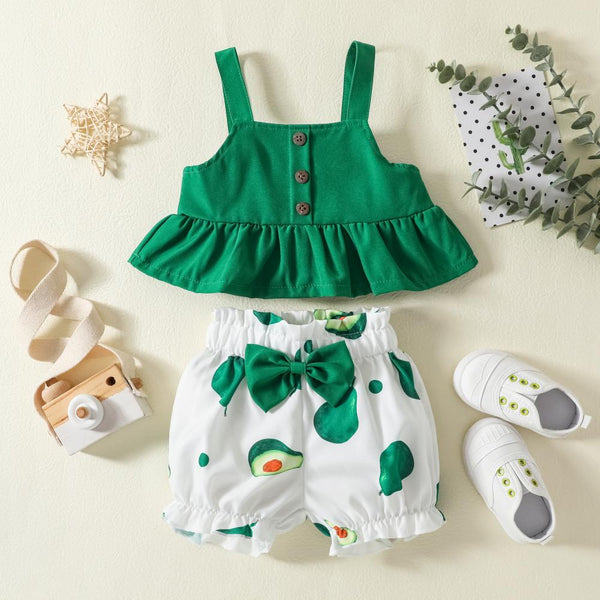 Kids Summer Girls Sling Top Avocado Print Shorts Set Wholesale Baby Clothing