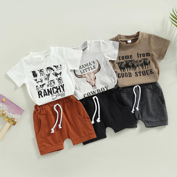 Summer Boy Baby Cartoon Cow Printed Short Sleeve T-shirt Solid Color Shorts 2-piece Set Wholesale