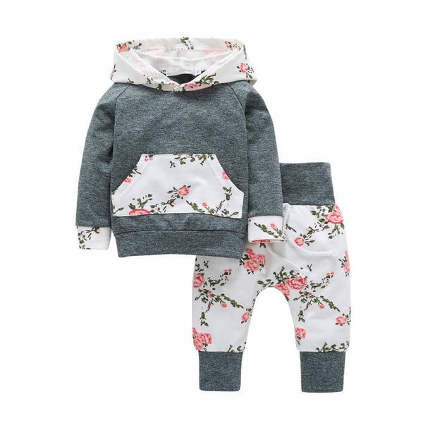 Spring and Autumn Sweater Set Infant Baby Floral Hooded Trousers Two-Piece Set Baby Wholesale Clothes