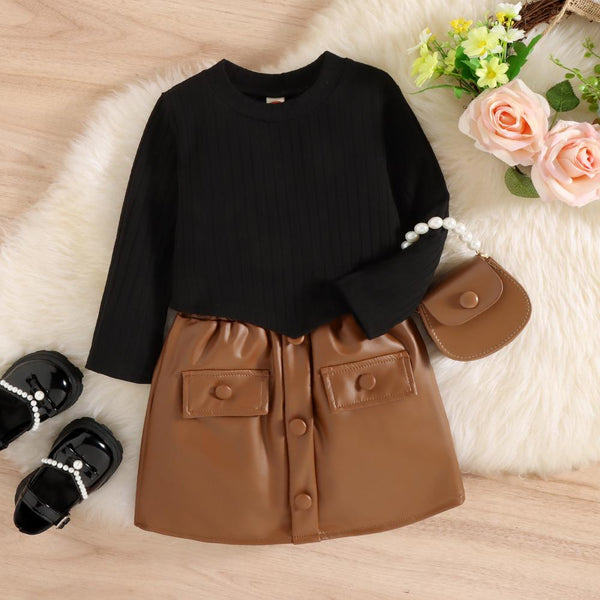 Autumn and Winter Girls Black Bottoming Shirt and Leather Skirt Set Wholesale Girls Clothes
