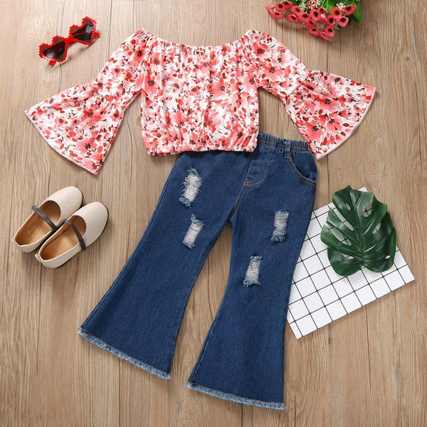 Autumn Girls One-shoulder Flared Sleeve Top + Jeans Suit Wholesale Girls Clothing