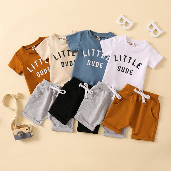 Boys' Round Neck Letter Printed Top Solid Color Shorts Suit Wholesale Baby Clothes