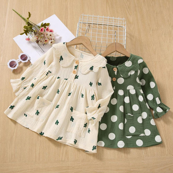 Cotton Linen Polka Dot Ruffle Girls Dress Wholesale
