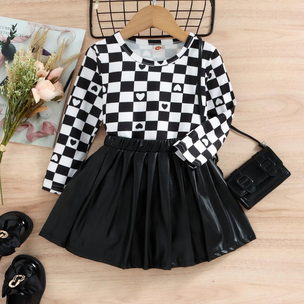 Autumn and Winter Girls Black and White Plaid Top + Black Leather Skirt Set Wholesale Girls Clothes
