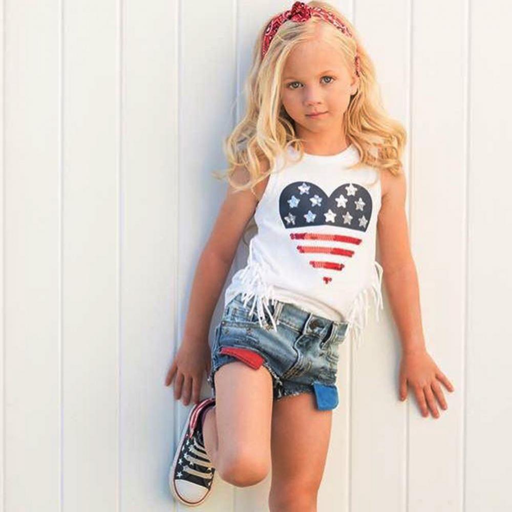 1-6T Children's Independence Day Girls Print Denim Shorts Outfit Wholesale Kids Clothes