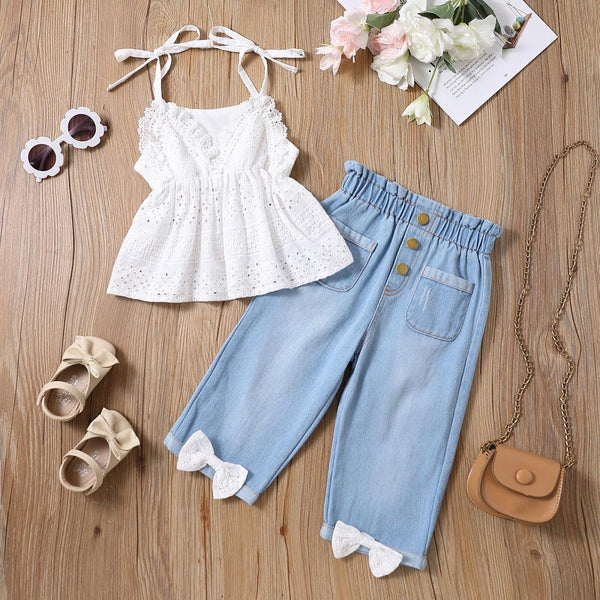 Summer Girls Hollow Lace Sling Shirt Lace Bow Jeans Girls' Suit Wholesale Kids Clothing