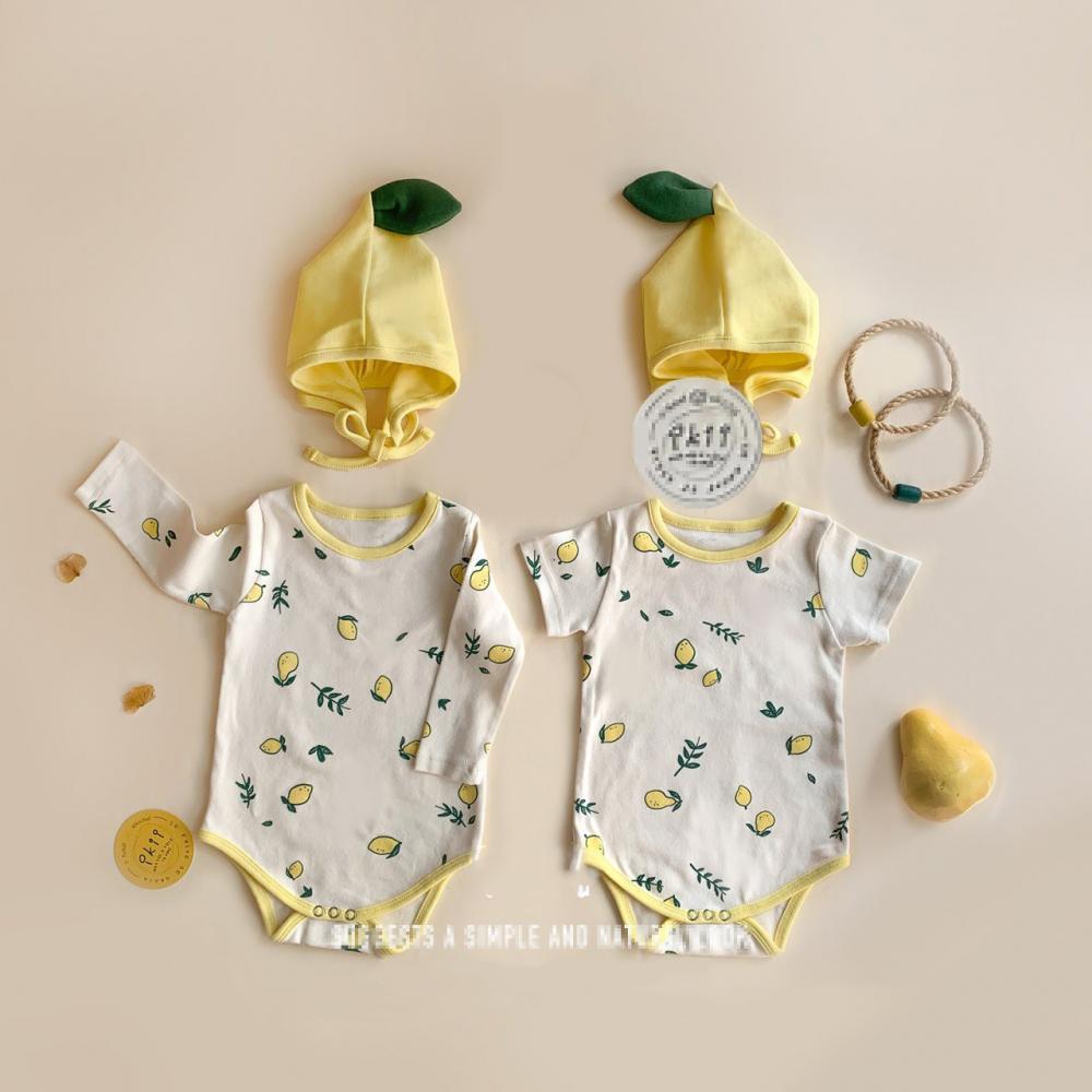 Newborn Baby Summer Lemon Printed Romper and Hat Set Baby Clothing Cheap Wholesale