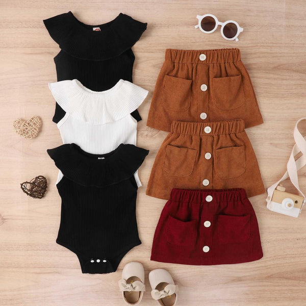 Summer Baby Ruffled Collar Cotton Sleeveless Romper Corduroy Skirt Girls Suit Wholesale