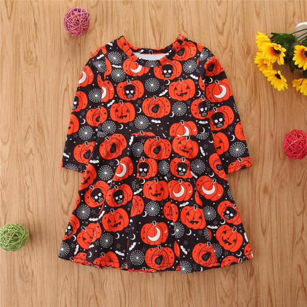 Autumn Dress Toddler Girls Halloween Pumpkin Print Dress Kids Skirt Wholesale